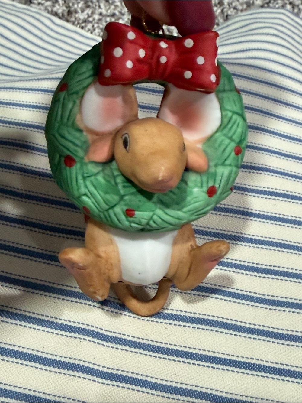 Holiday Mouse Ornament with Green Wreath and Red Bow